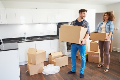Packed household boxes ready for a domestic move in Queensbury