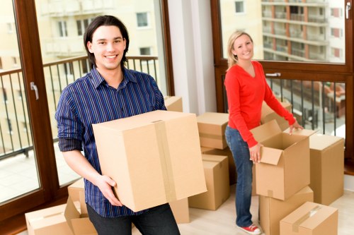 Packed office furniture and equipment prepared for relocation