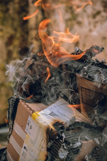 A close-up of a cardboard box being burned, with visible flames and thick gray and orange smoke rising from it. The box appears to contain packing materials and some printed documents on top, which ar