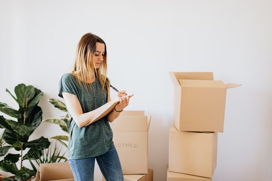 A young woman with shoulder-length blonde hair is standing indoors next to several open and closed cardboard moving boxes, some labeled with the word 'clothes.' She is holding a clipboard and writing with a pen, likely preparing a home relocation checklist. The room has a minimalist design with plain white walls and a large green leafy plant on the left side of the image. The boxes are stacked on a neutral-toned floor, and the woman appears to be organizing or planning her move, which is relevant to furniture transport and packing services offered by Man with Van Queensbury. The setting reflects a packing and moving process, emphasizing preparation for a house removals service involving loading and transport logistics, with natural daylight illuminating the scene, suggesting daytime relocation activities.